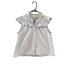 HM Womens Blue Pinstripe Polka Dot Ruffle Sleeveless Blouse Top 10 Coquette